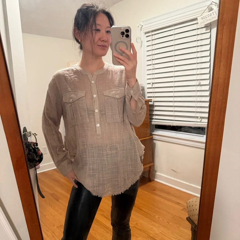 Free People Fringe Half Button Top